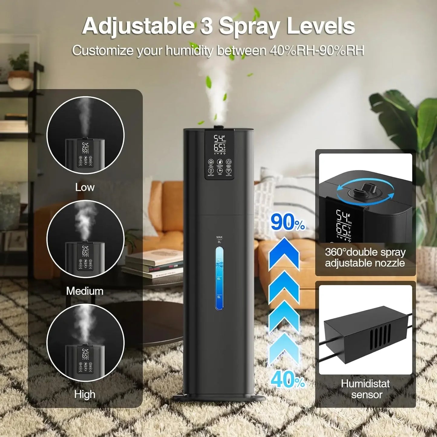 8L Ultrasonic Humidifier - Smart Cold Mist for Home